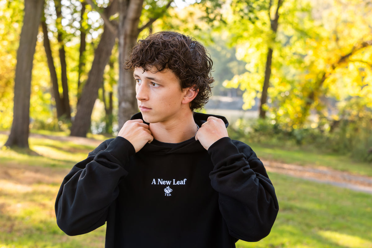 A young man with curly brown hair stands outdoors in a park wearing a black hoodie with 'A New Leaf' printed in white on the chest. He is adjusting the collar of the hoodie, with a soft-focus background of green and yellow autumn trees.